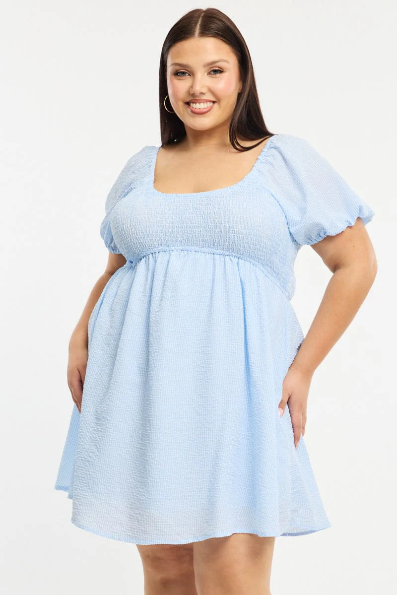 Blue Check Skater Dress Short Sleeve Shirred Bust - Image 2