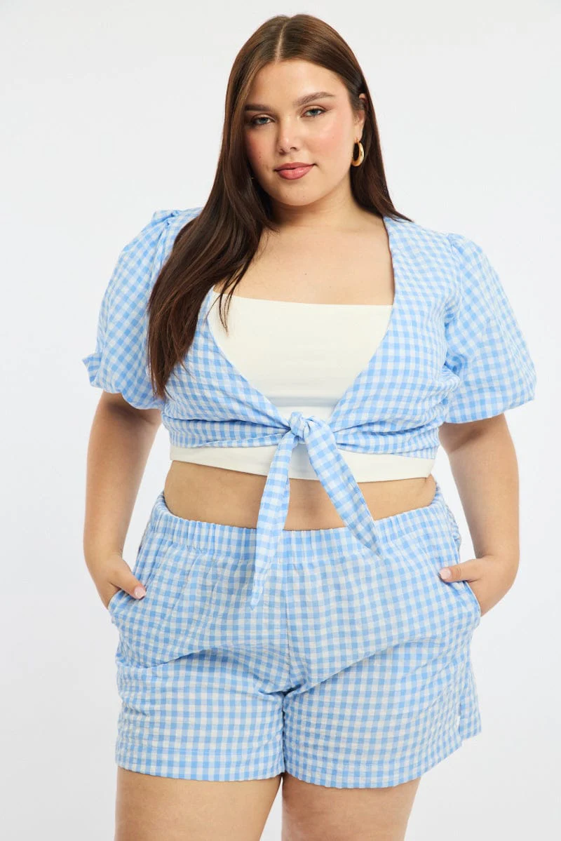 Blue Check Tie Up Bolero Short Sleeve