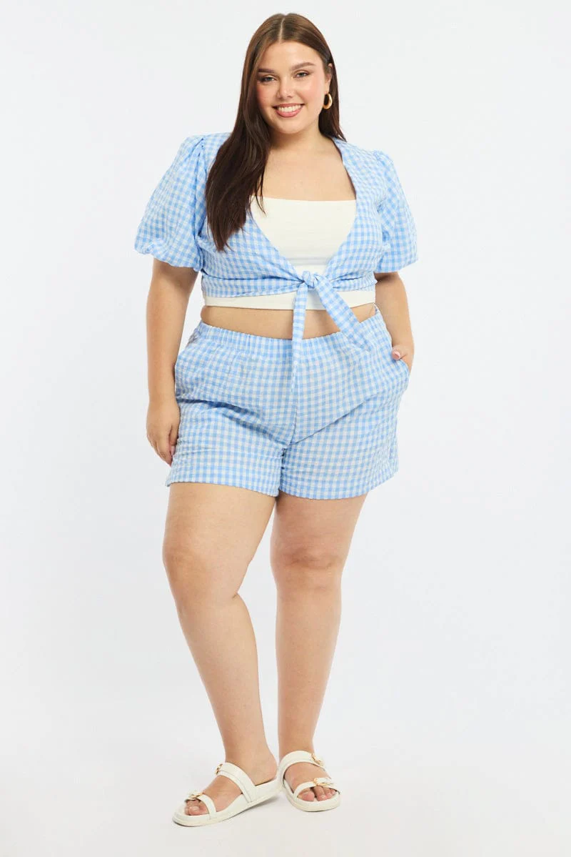 Blue Check Tie Up Bolero Short Sleeve - Image 2