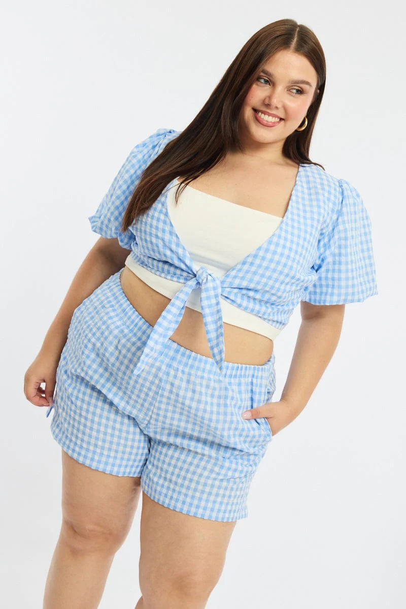 Blue Check Tie Up Bolero Short Sleeve - Image 3