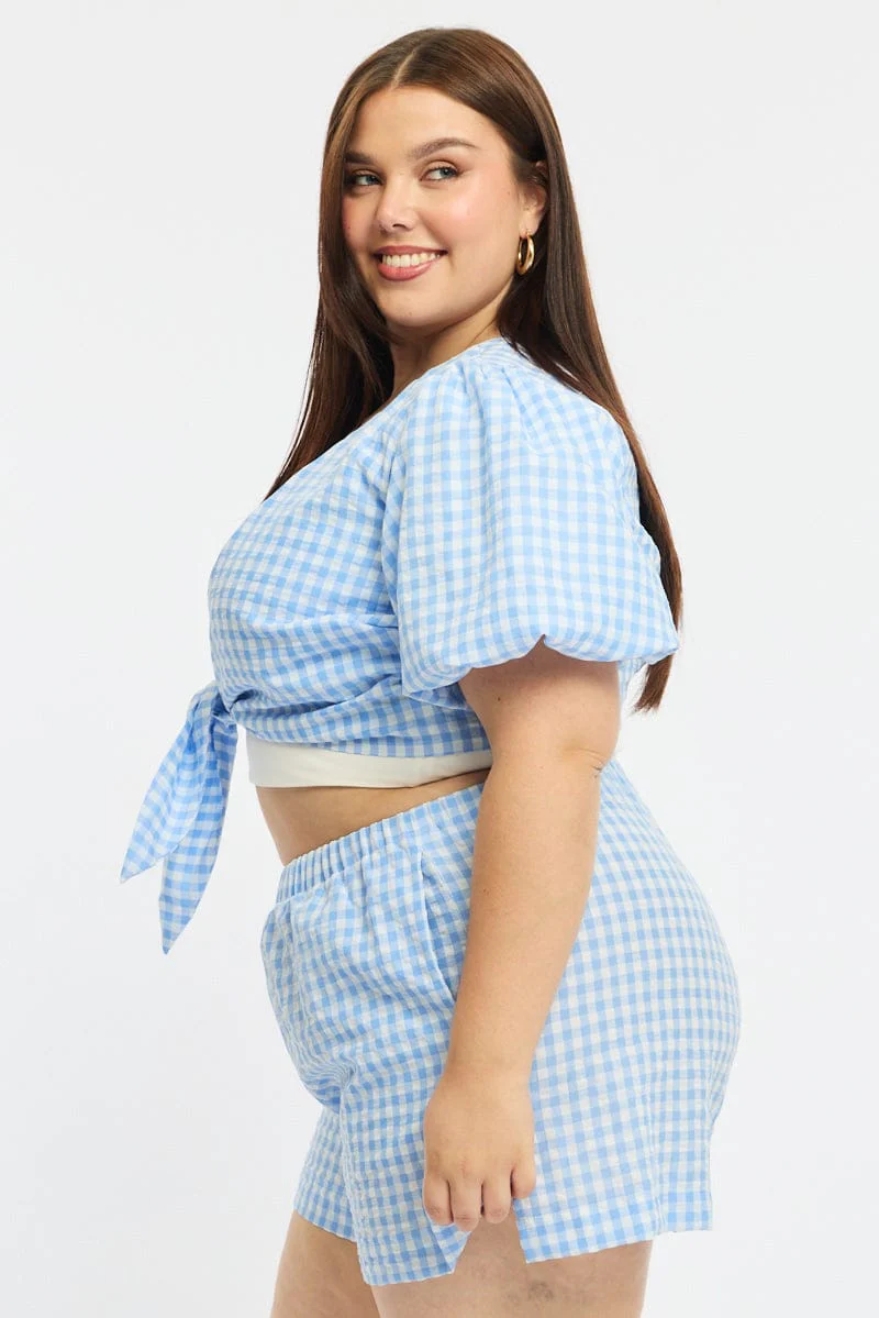 Blue Check Tie Up Bolero Short Sleeve - Image 4