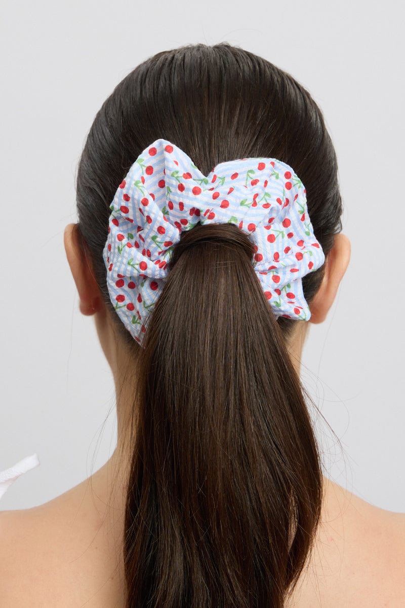 Blue Cherry Print Scrunchie