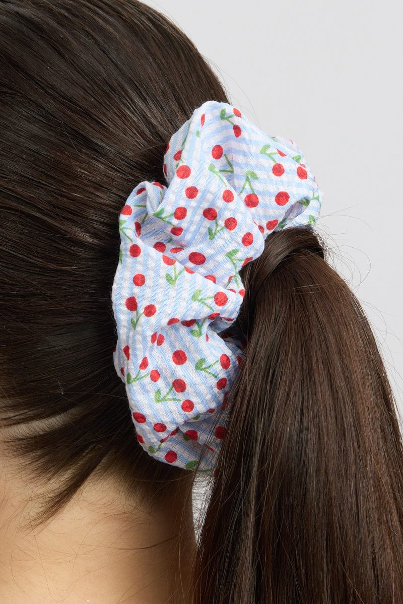 Blue Cherry Print Scrunchie - Image 2