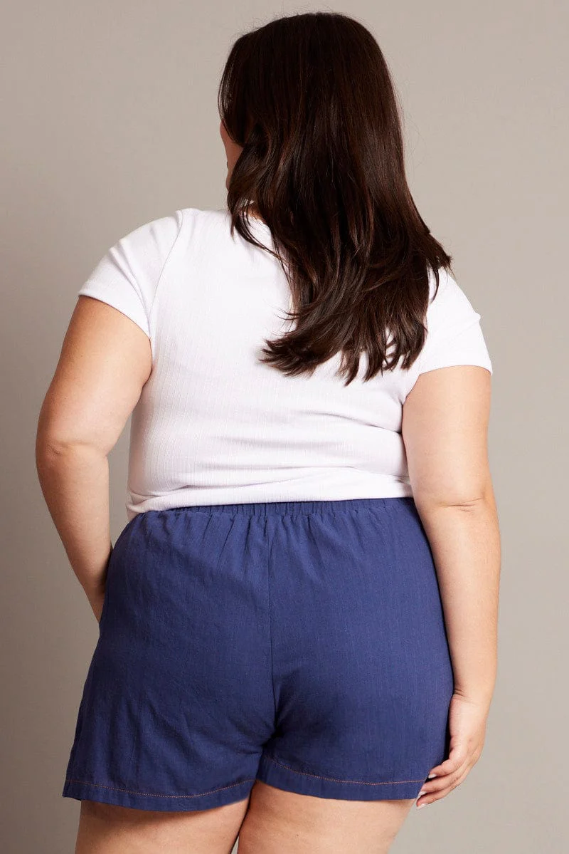 Blue Contrast Stitch Drawstring Cotton Shorts - Image 5