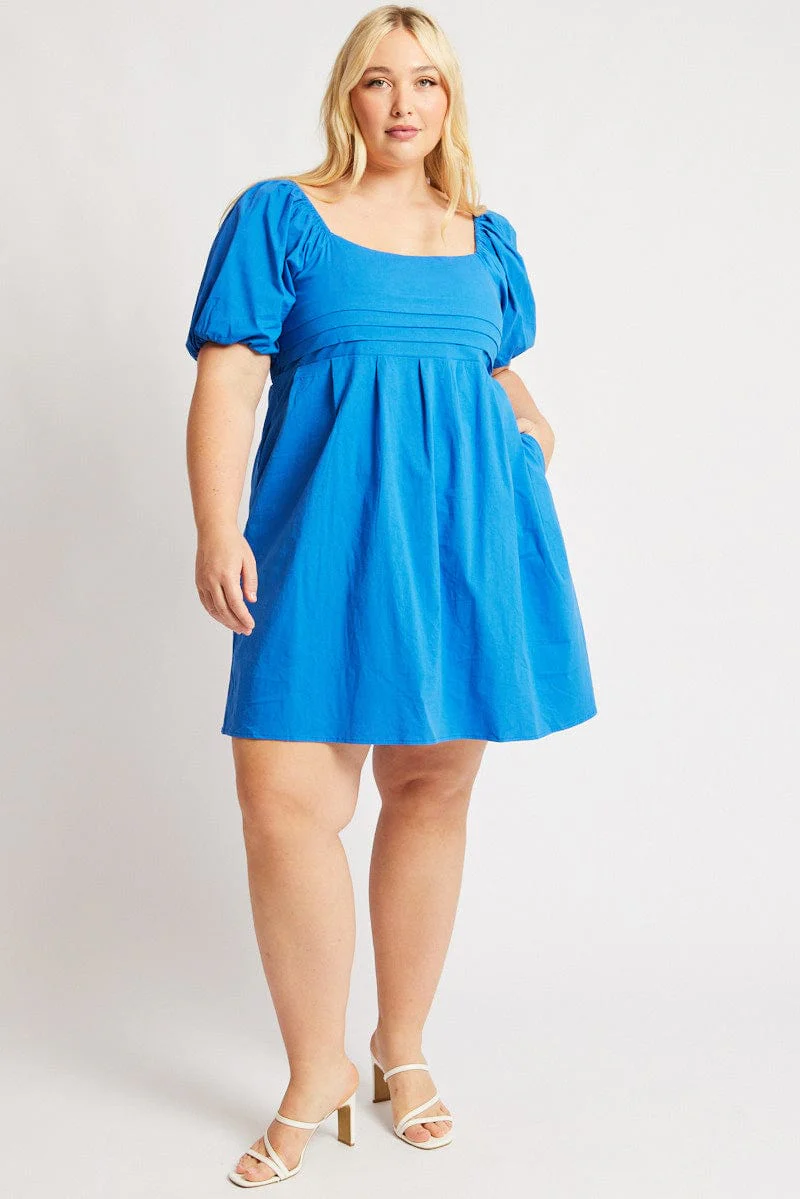Blue Cotton Poplin Pleated Square Neck Minidress - Image 2