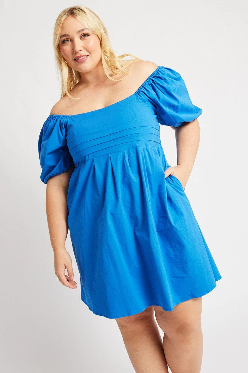Blue Cotton Poplin Pleated Square Neck Minidress - Image 3
