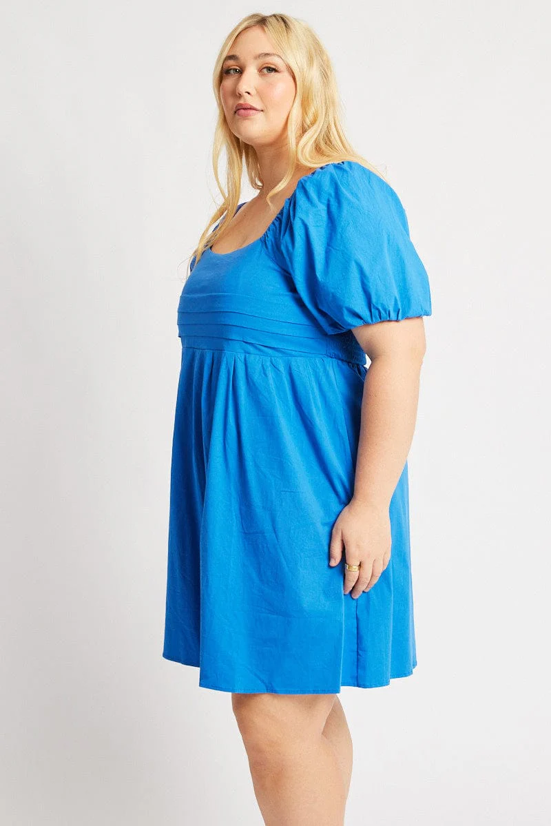 Blue Cotton Poplin Pleated Square Neck Minidress - Image 4
