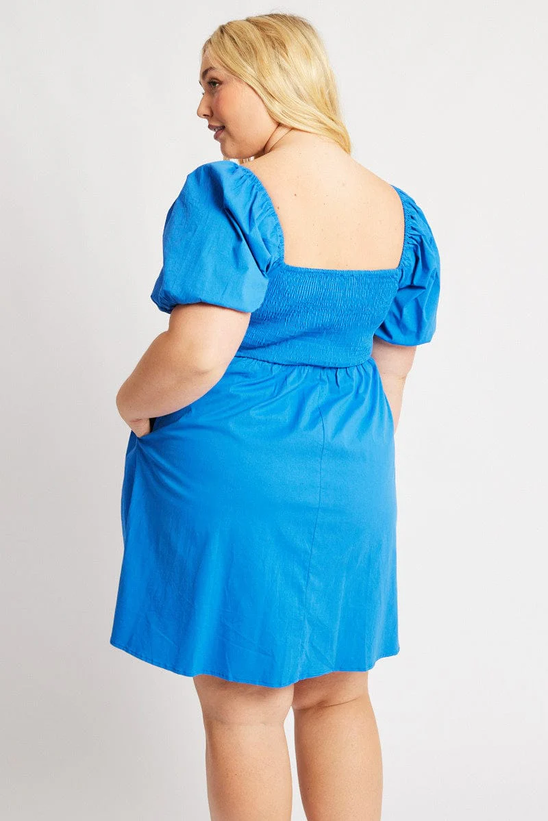 Blue Cotton Poplin Pleated Square Neck Minidress - Image 5