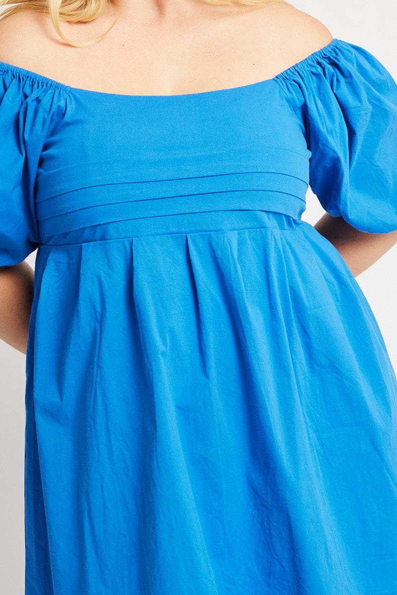 Blue Cotton Poplin Pleated Square Neck Minidress - Image 6