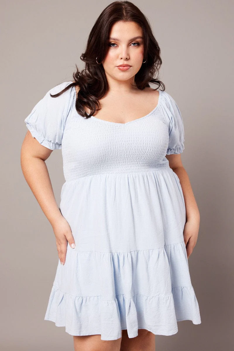 Blue Cotton Shirred Bodice Minidress - Image 3