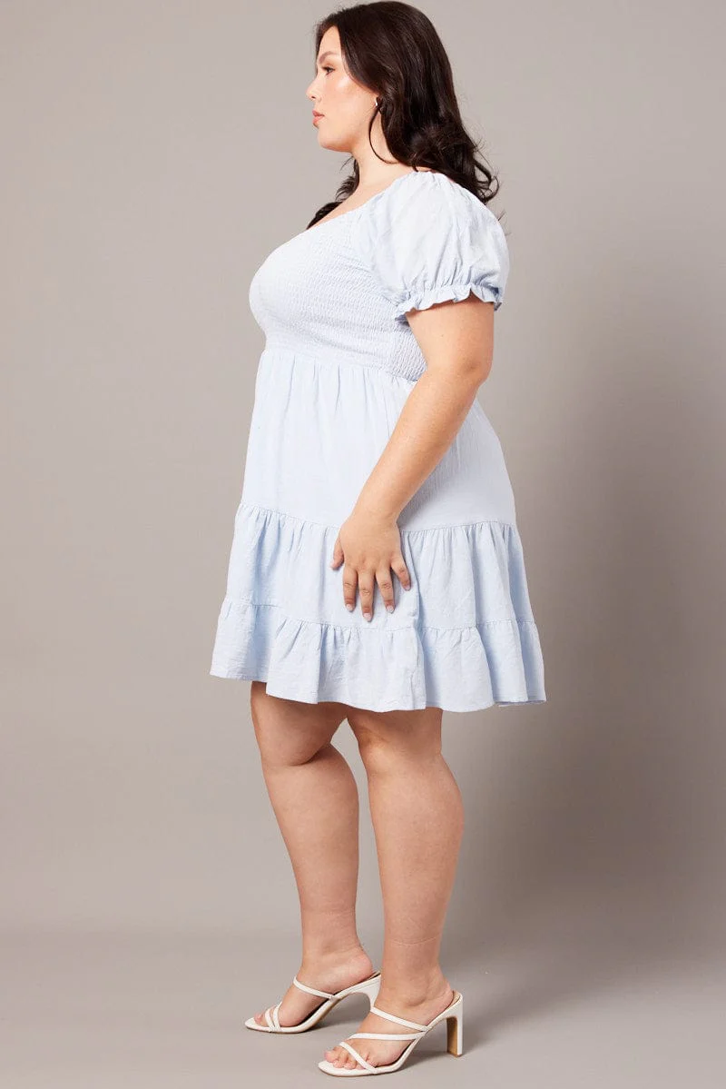 Blue Cotton Shirred Bodice Minidress - Image 4