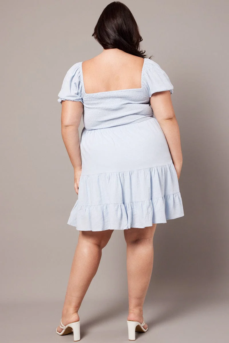 Blue Cotton Shirred Bodice Minidress - Image 5