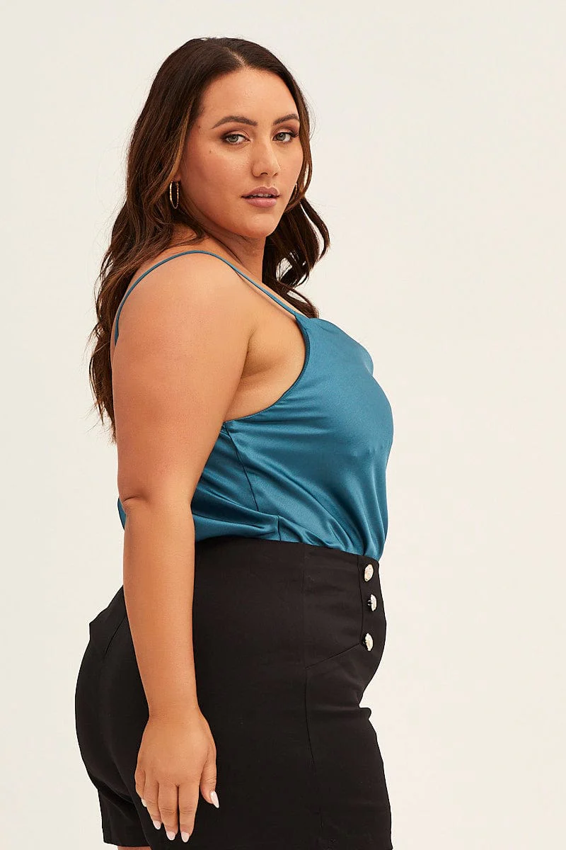 Blue Cowl Neck Satin Singlet Bodysuit - Image 4