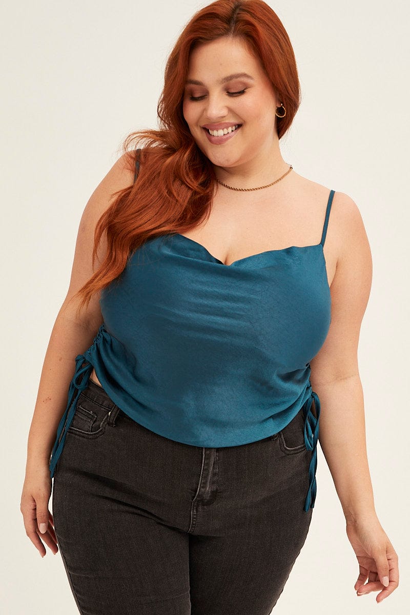 Blue Cowl Neck Top Sleeveless Side Ruched Satin - Image 3