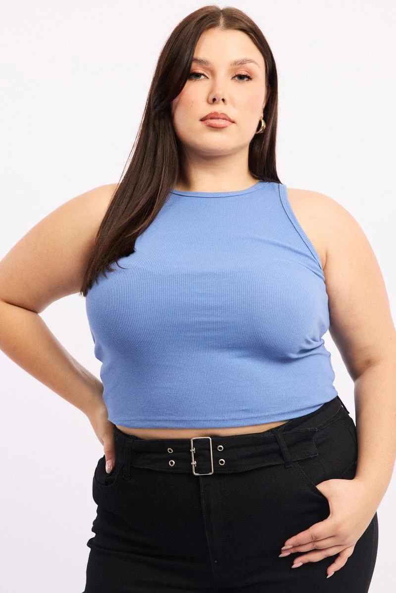 Blue Crew Neck Rib Tank Top