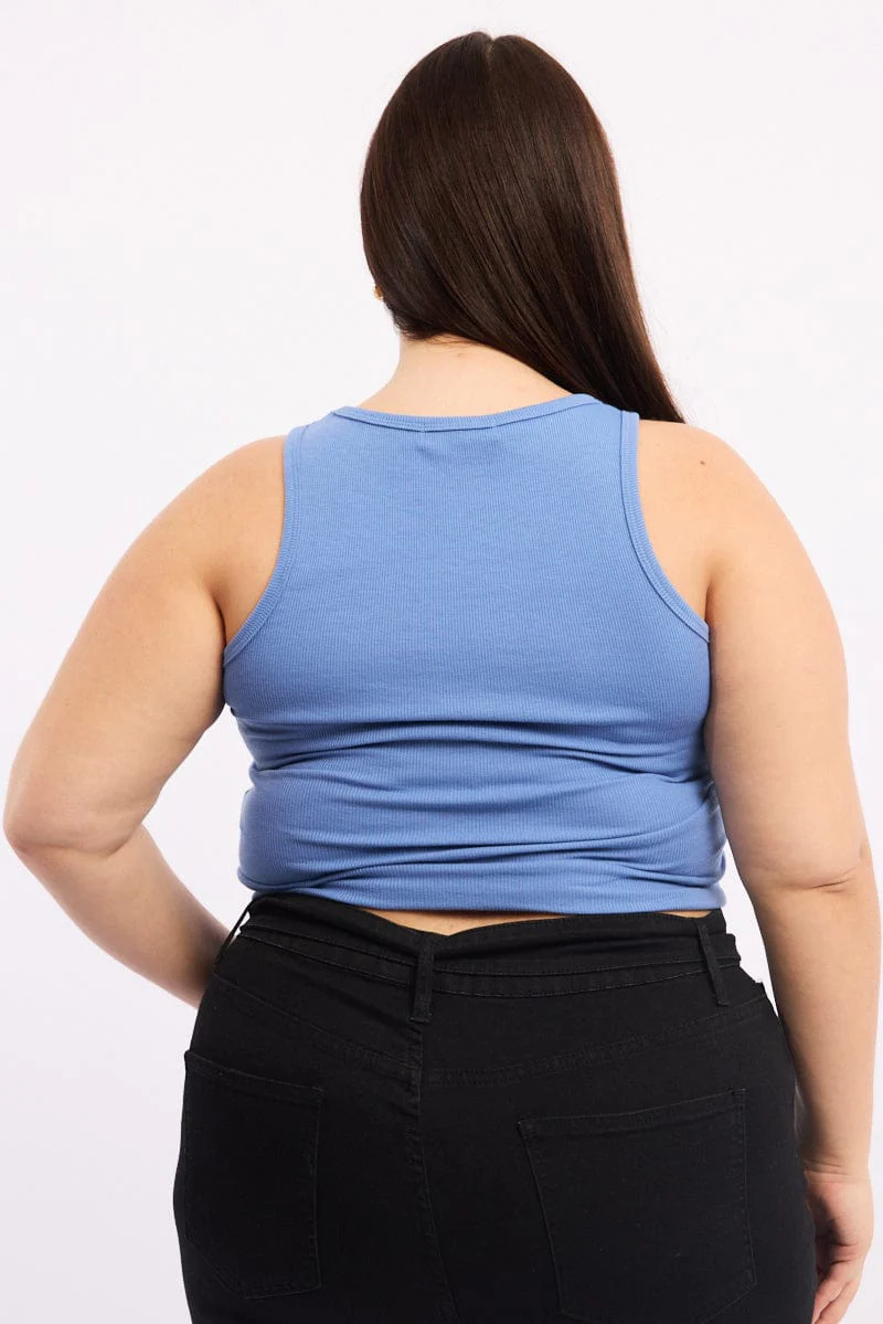 Blue Crew Neck Rib Tank Top - Image 4