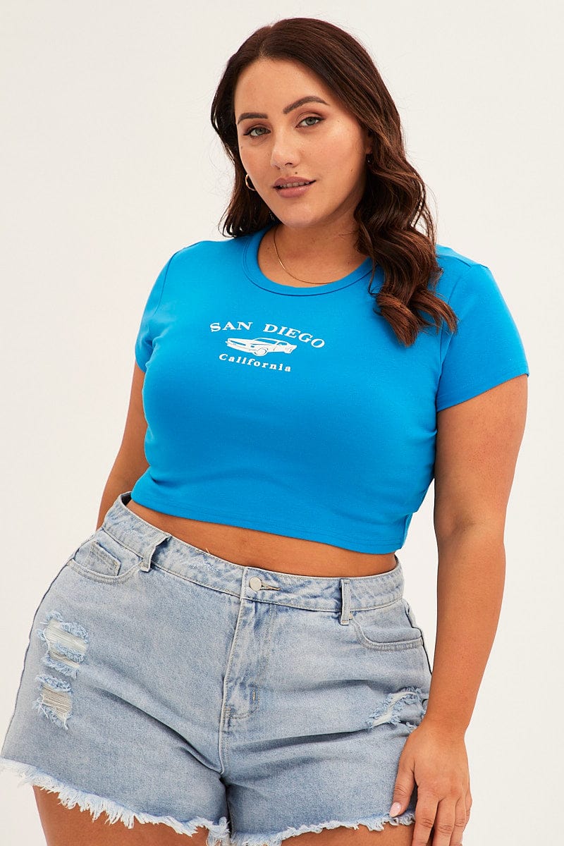 Blue Crew Neck Short Sleeve Crop Top