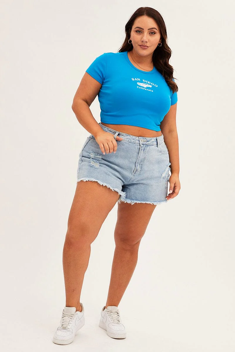 Blue Crew Neck Short Sleeve Crop Top - Image 2