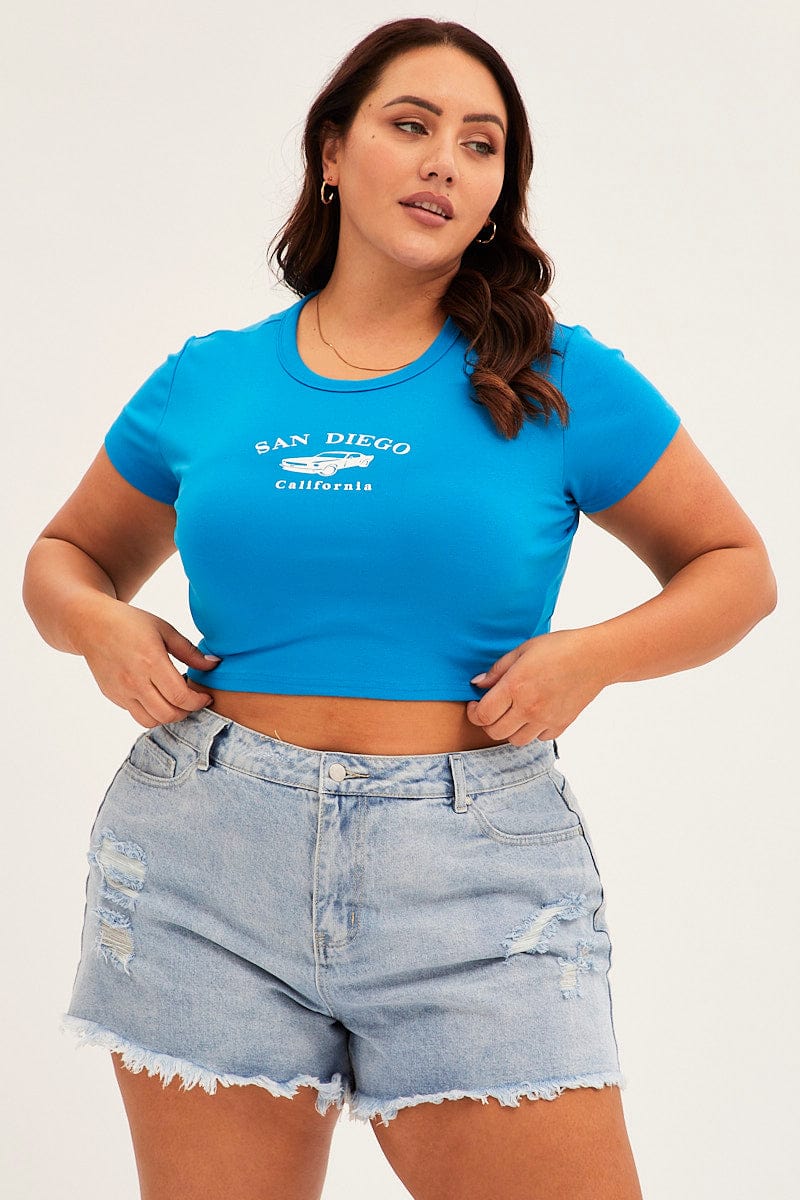 Blue Crew Neck Short Sleeve Crop Top - Image 3
