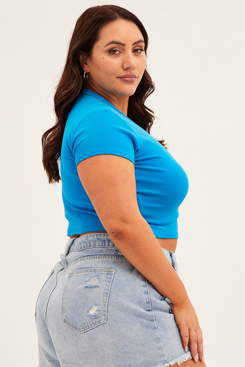Blue Crew Neck Short Sleeve Crop Top - Image 4