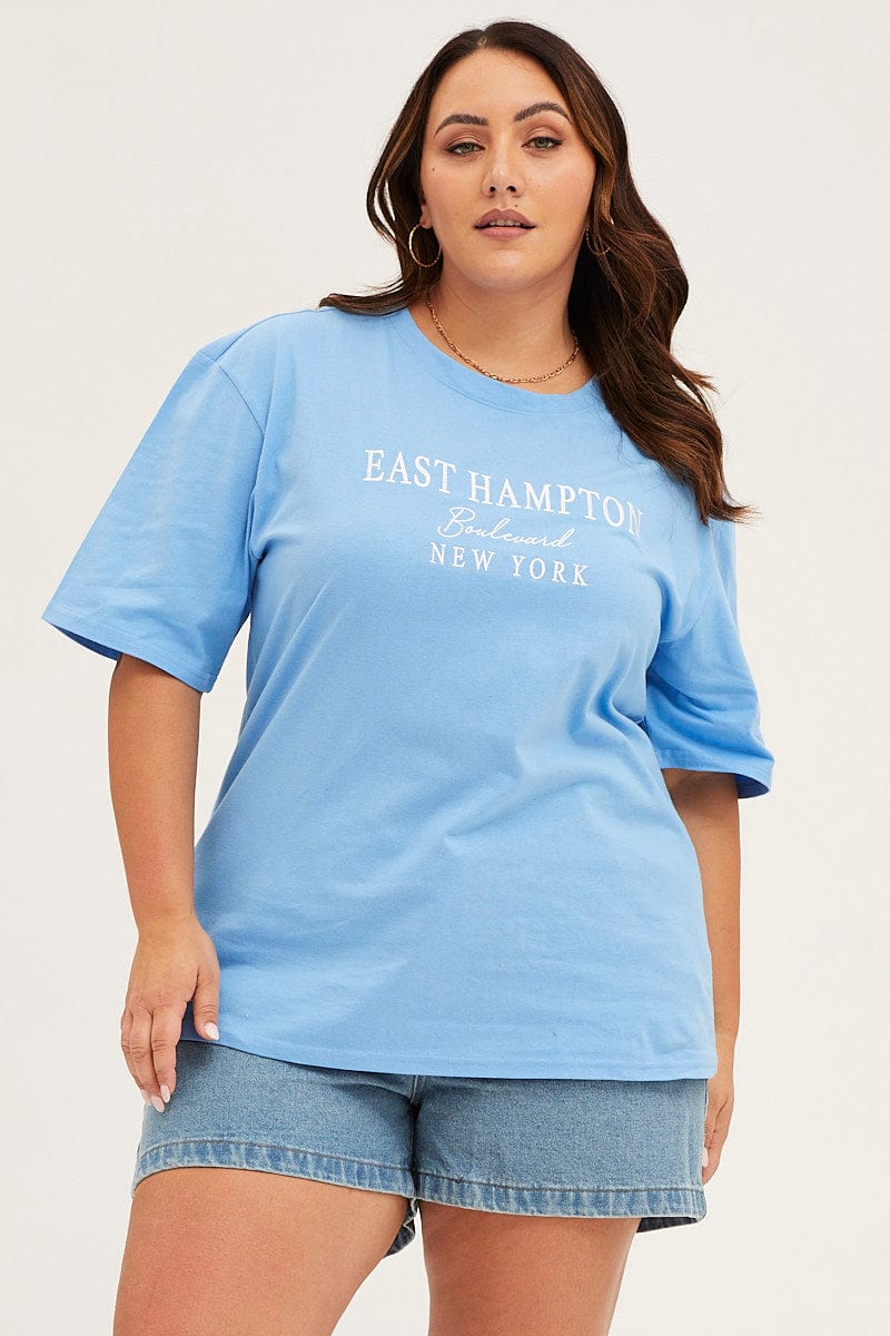 Blue Crew Neck Short Sleeve Oversized Graphic T-shirt