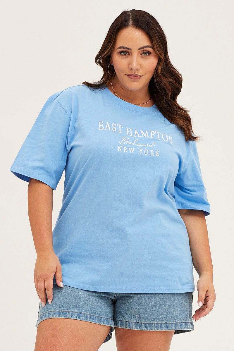 Blue Crew Neck Short Sleeve Oversized Graphic T-shirt - Image 3