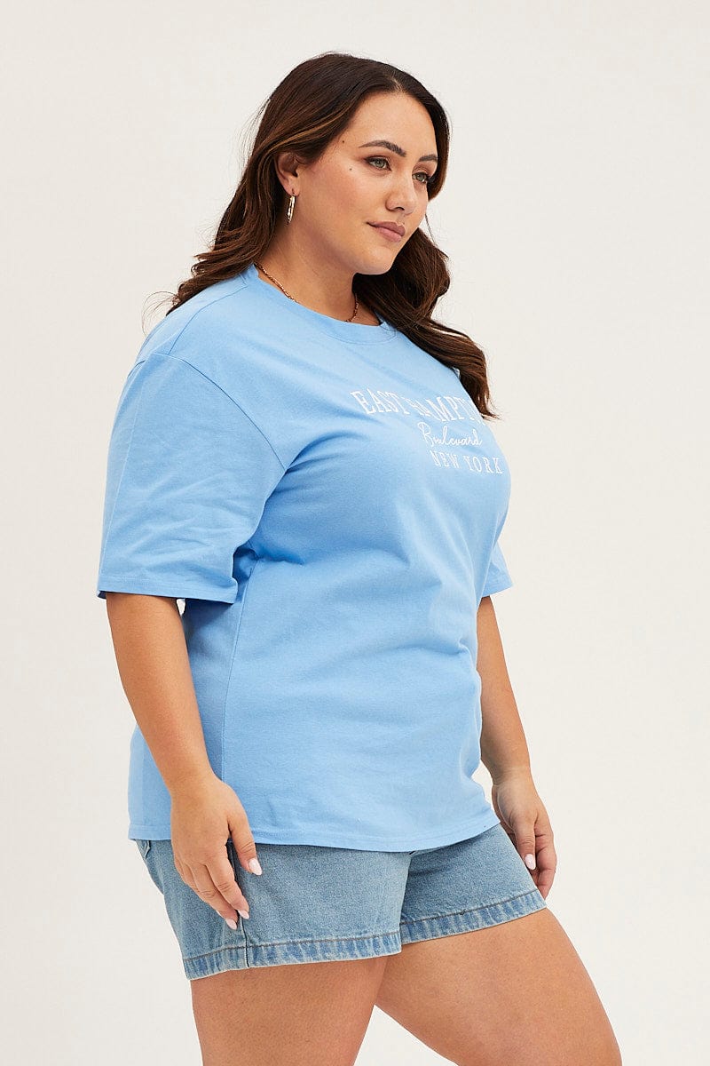 Blue Crew Neck Short Sleeve Oversized Graphic T-shirt - Image 4