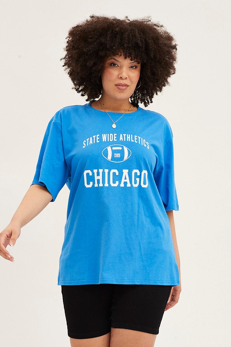 Blue Crew Neck Short Sleeve Oversized Graphic T-shirt - Image 3
