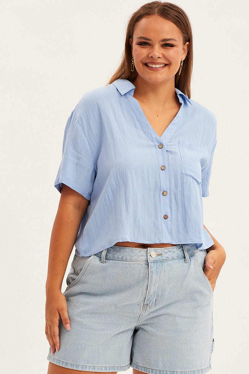 Blue Crop Shirt Short Sleeve Button Up - Image 3