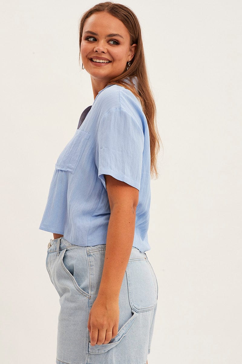 Blue Crop Shirt Short Sleeve Button Up - Image 4