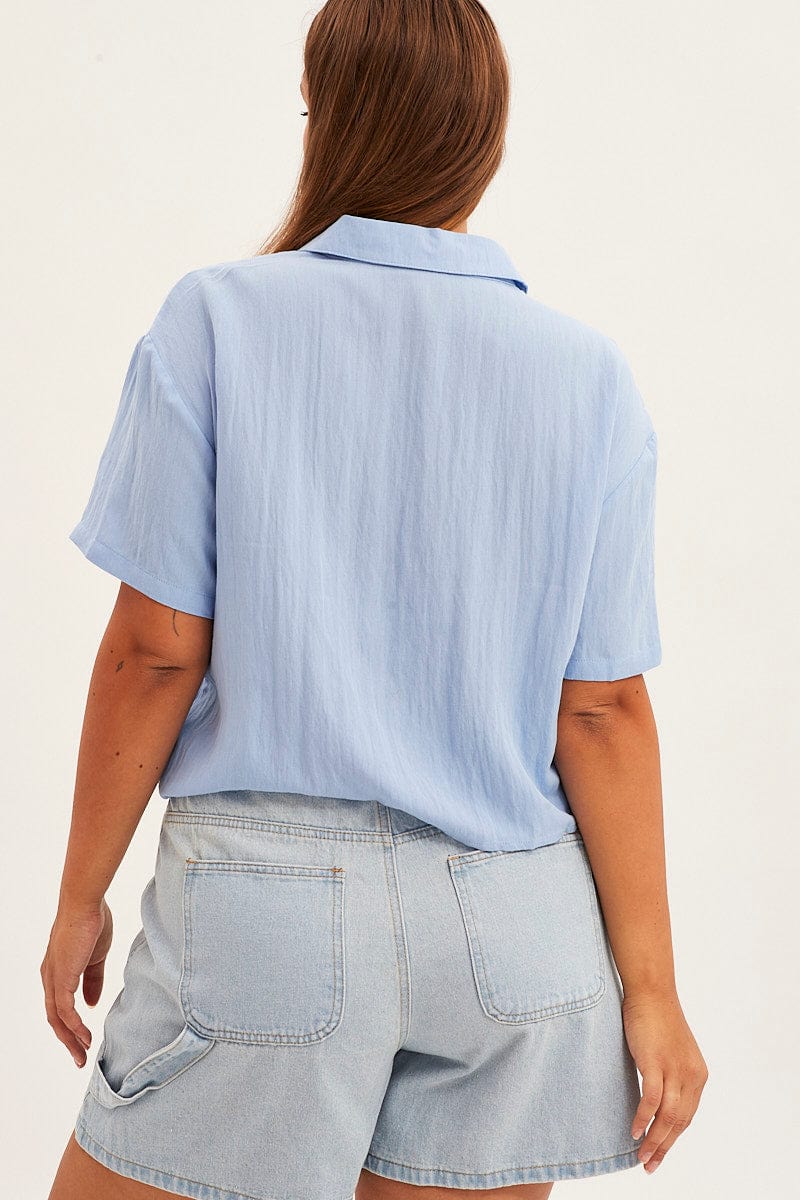 Blue Crop Shirt Short Sleeve Button Up - Image 5