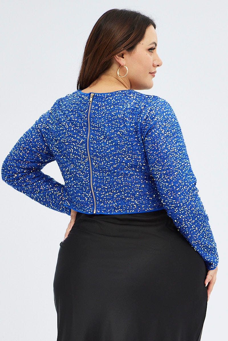 Blue Crop Top Long Sleeve Sequin Glitter - Image 5