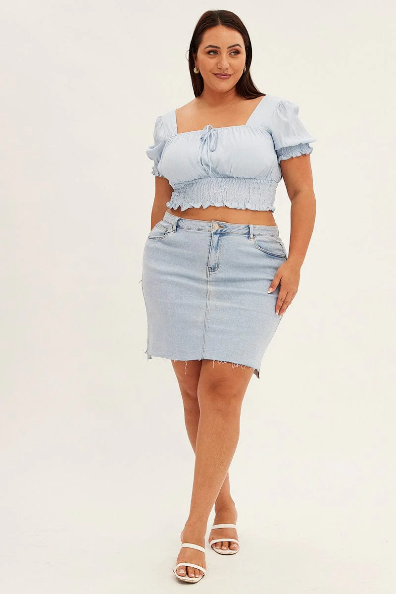Blue Crop Top Short Sleeve Square Neck Ruched Bust - Image 2