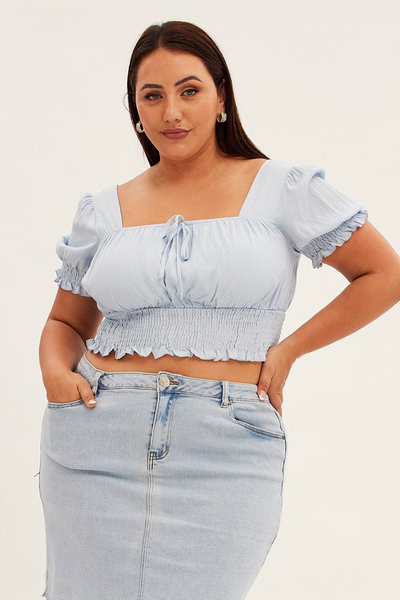 Blue Crop Top Short Sleeve Square Neck Ruched Bust - Image 3