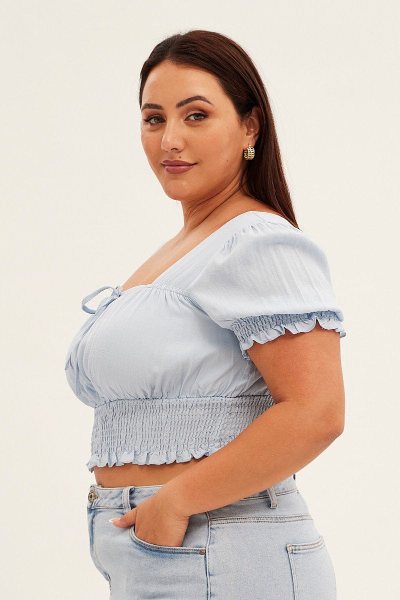 Blue Crop Top Short Sleeve Square Neck Ruched Bust - Image 4