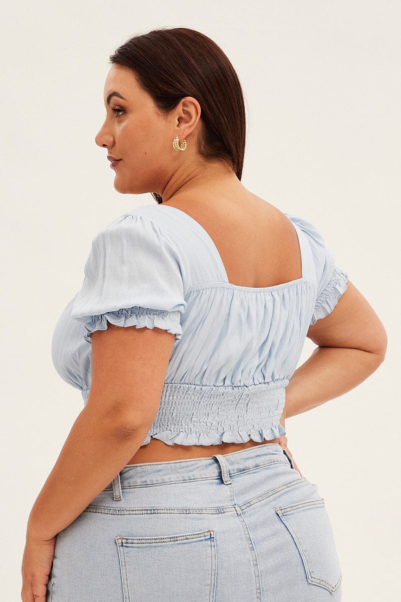 Blue Crop Top Short Sleeve Square Neck Ruched Bust - Image 5