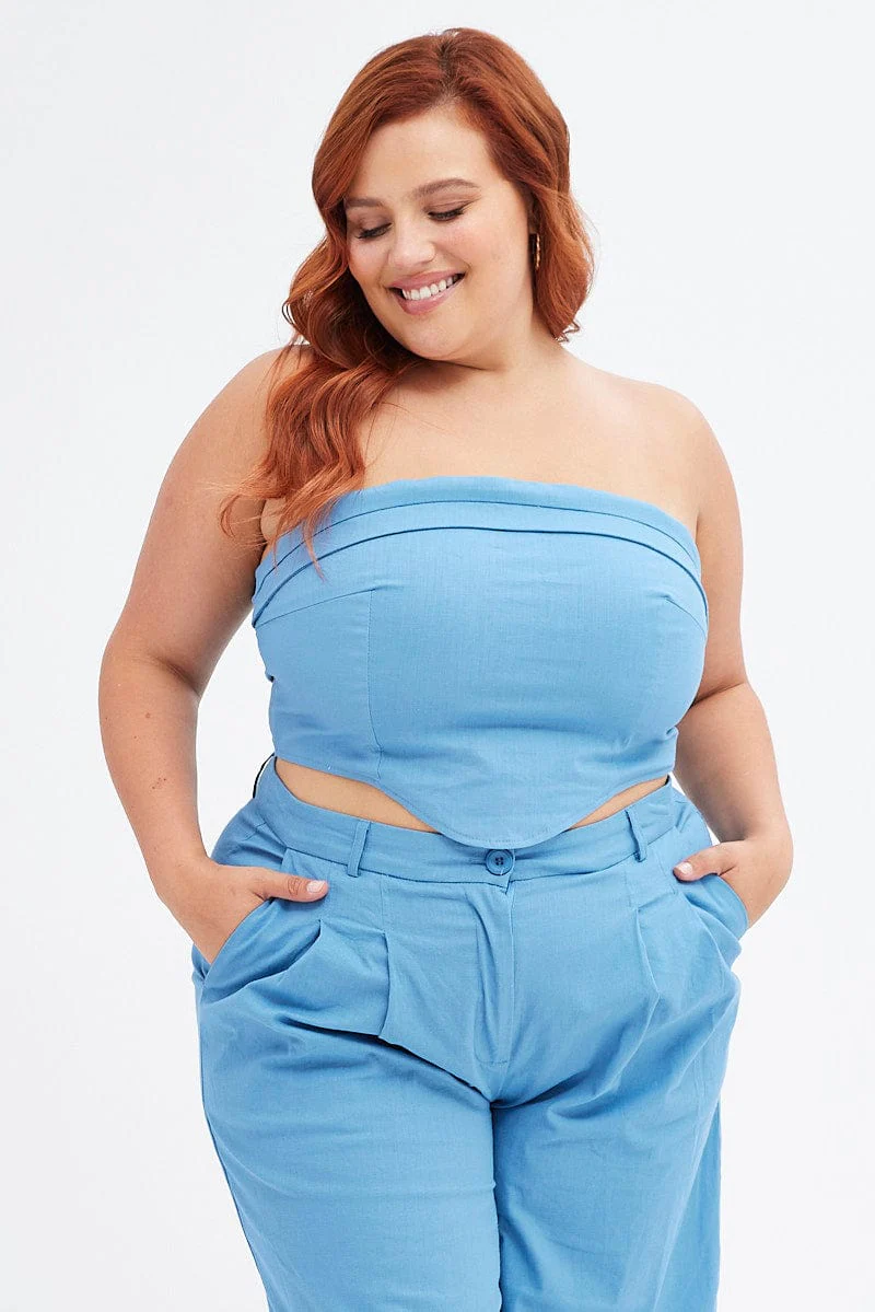 Blue Crop Top Strapless Linen Blend - Image 2