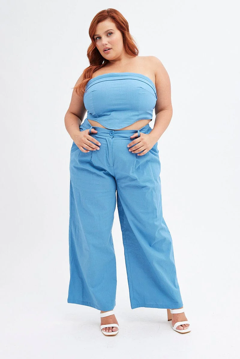 Blue Crop Top Strapless Linen Blend - Image 3