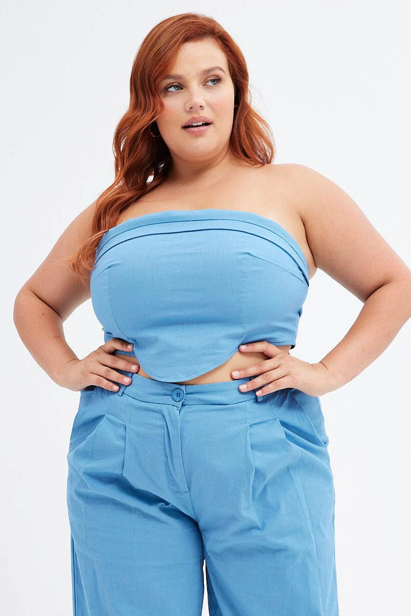 Blue Crop Top Strapless Linen Blend - Image 4