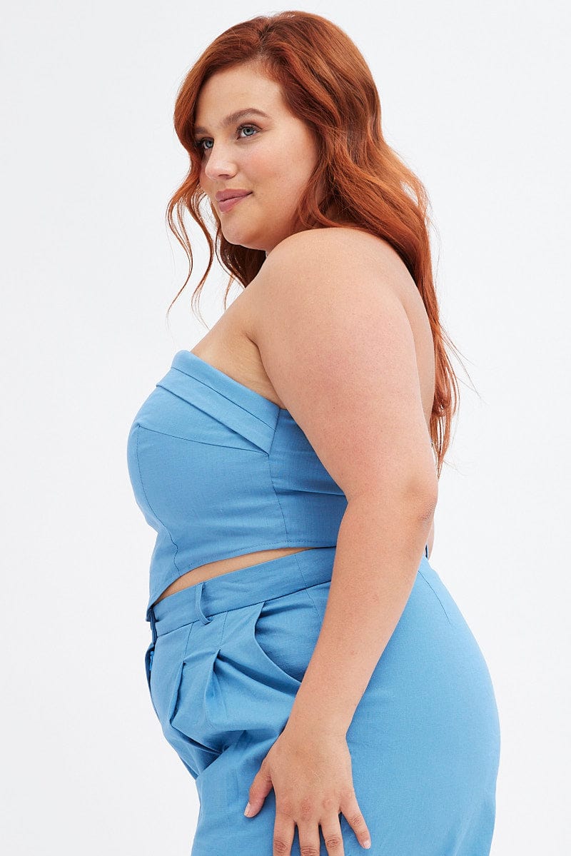 Blue Crop Top Strapless Linen Blend - Image 5