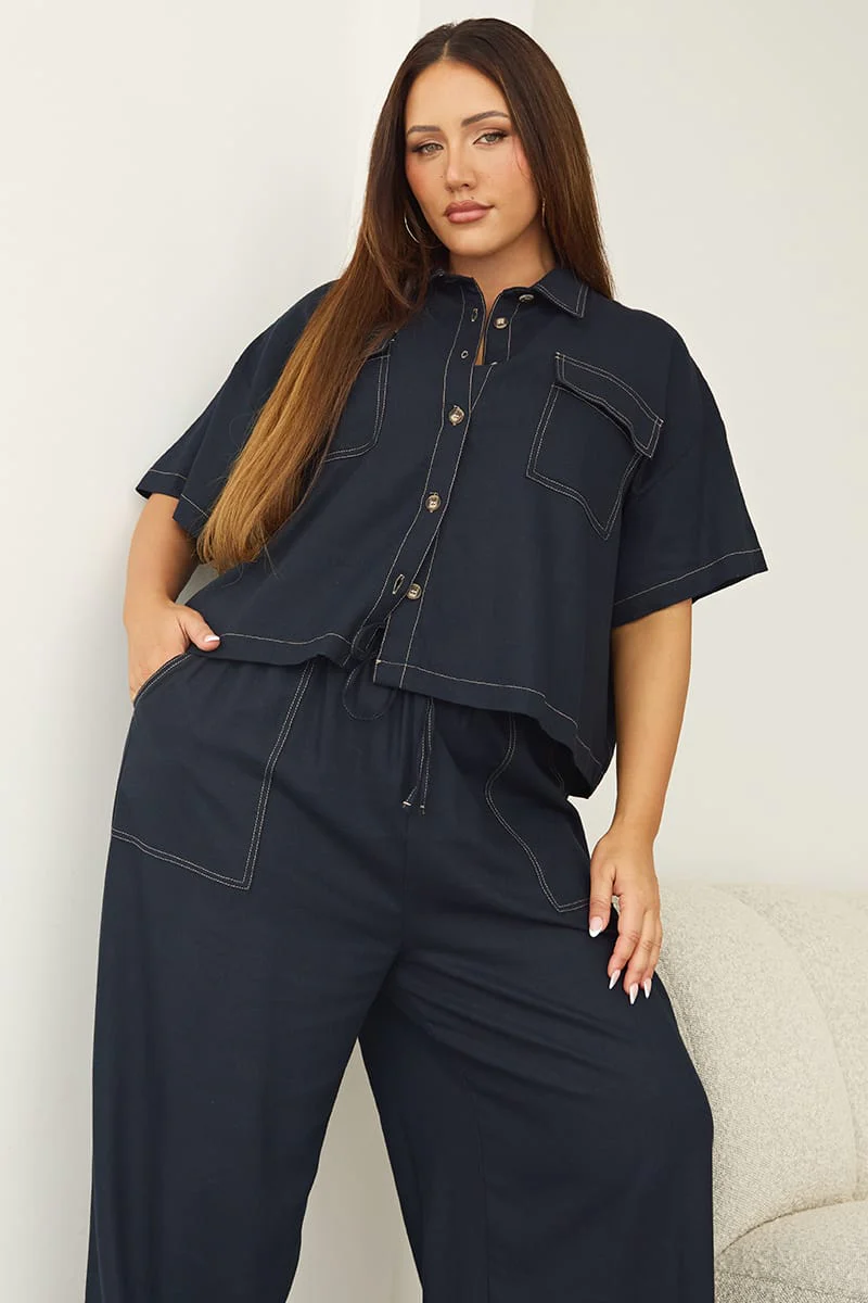 Blue Cropped Shirt Short Sleeve Contrast Stitch