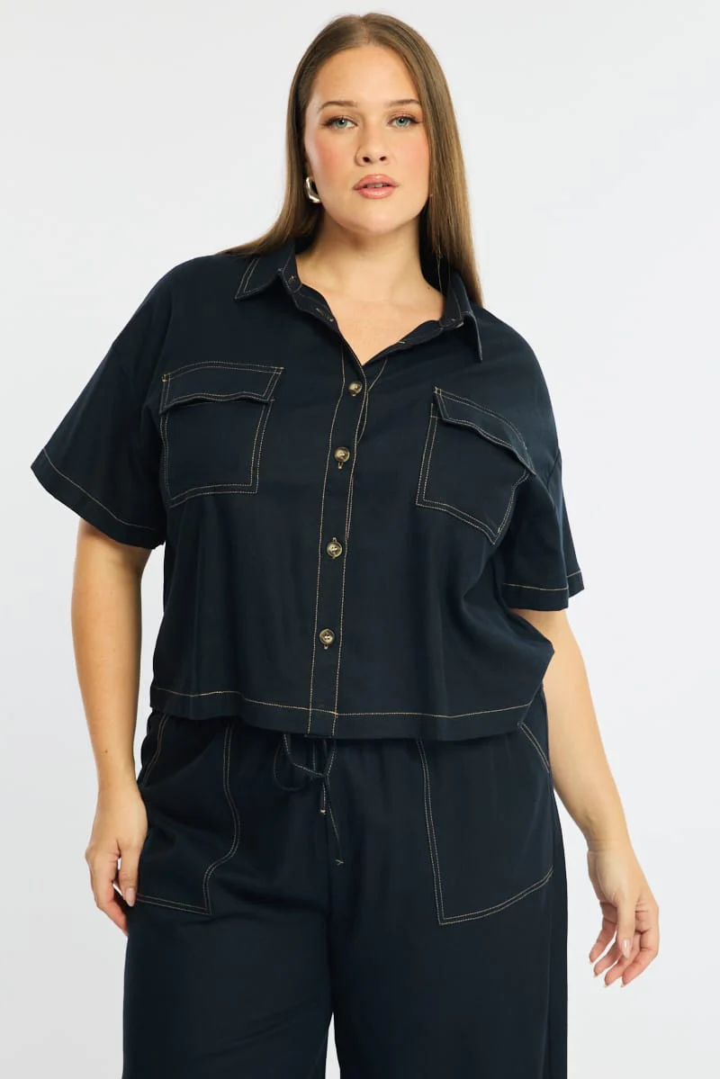 Blue Cropped Shirt Short Sleeve Contrast Stitch - Image 2