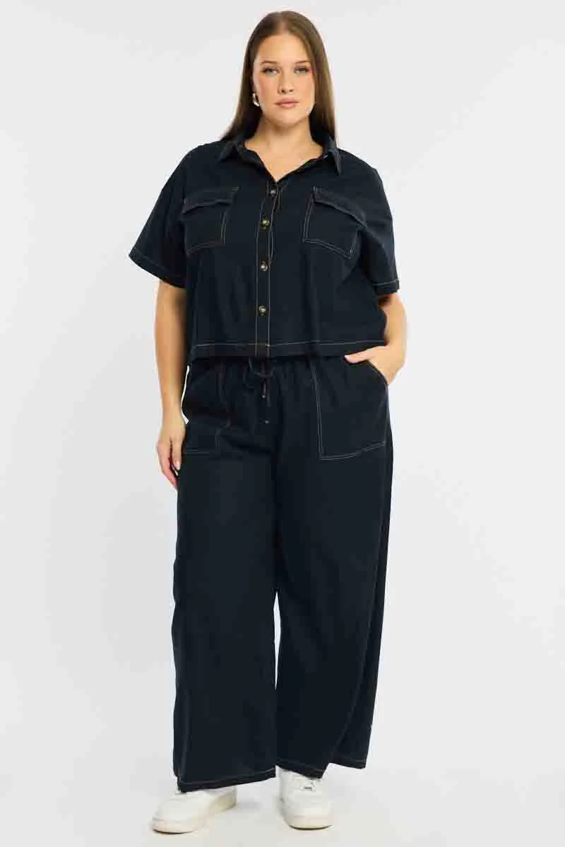 Blue Cropped Shirt Short Sleeve Contrast Stitch - Image 3