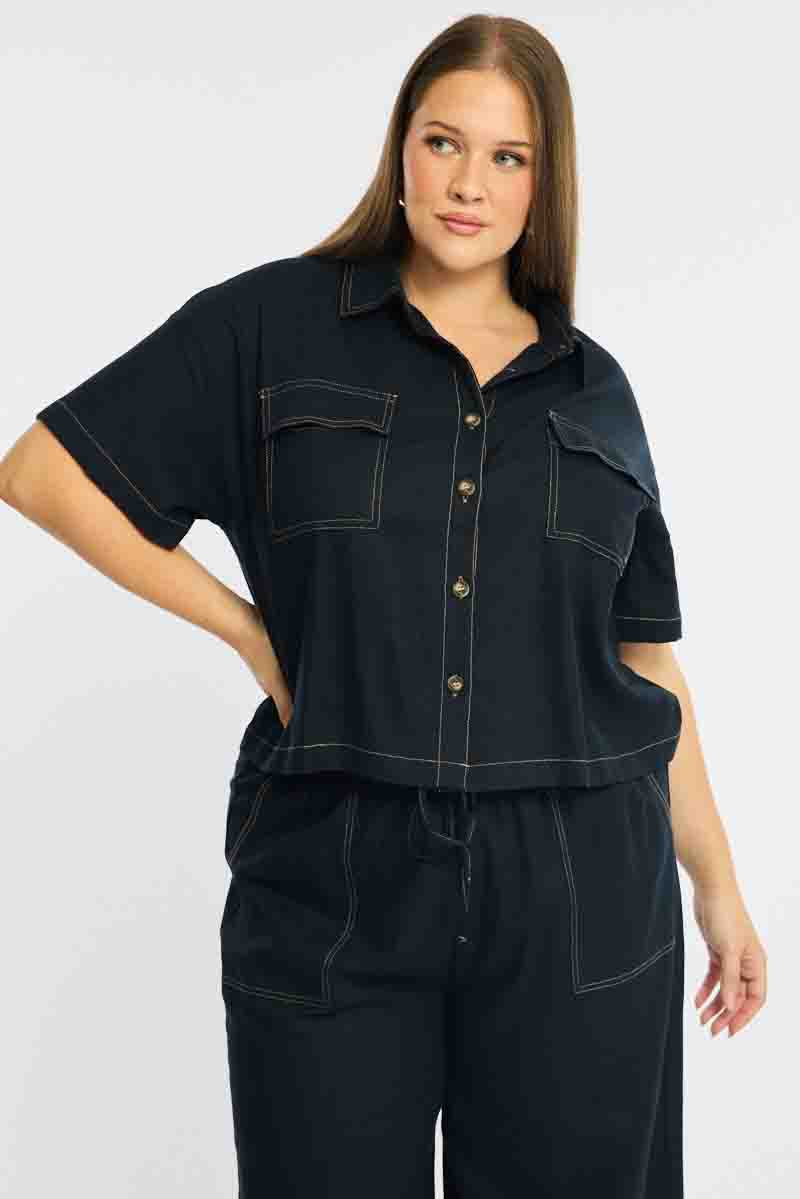 Blue Cropped Shirt Short Sleeve Contrast Stitch - Image 4