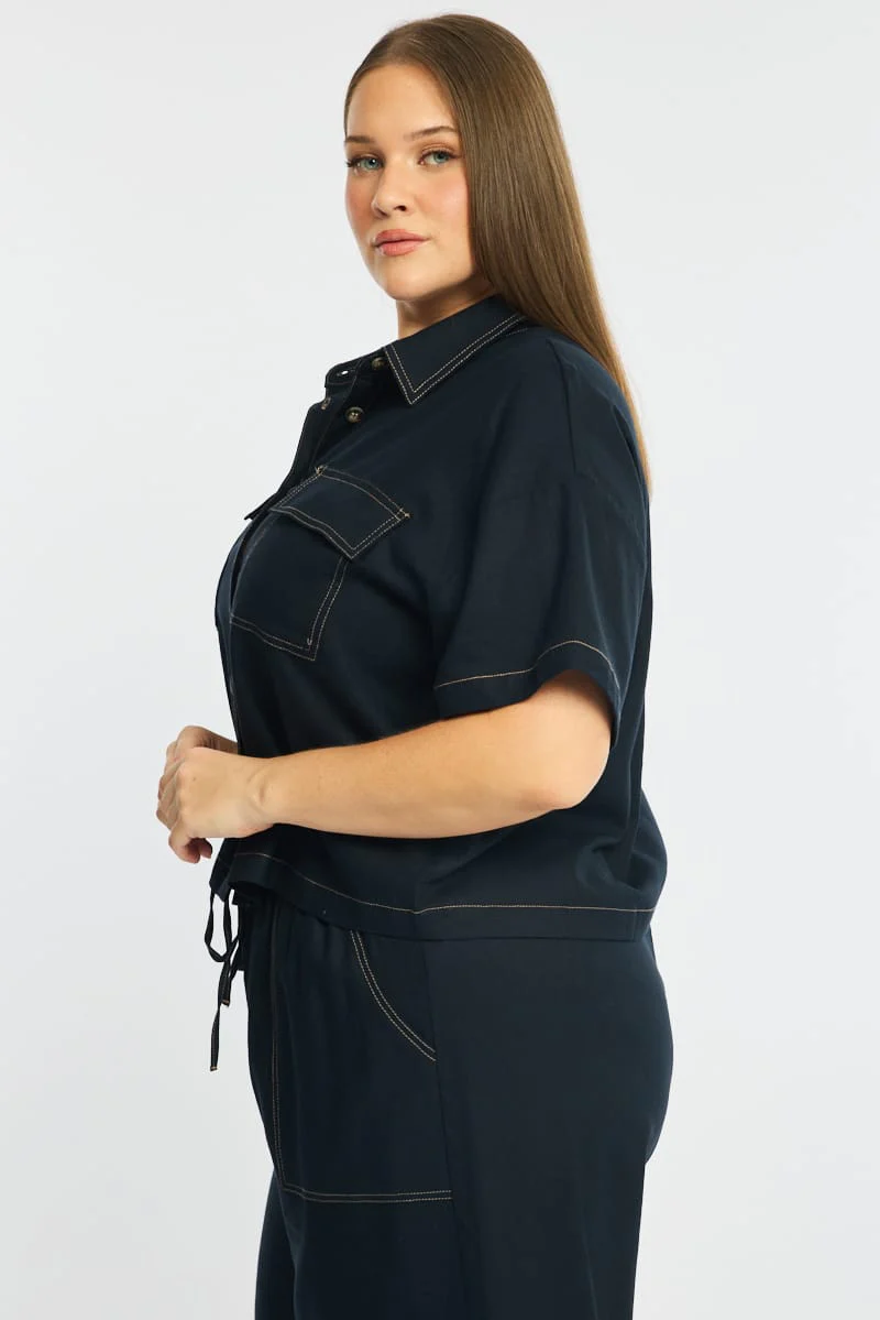 Blue Cropped Shirt Short Sleeve Contrast Stitch - Image 5