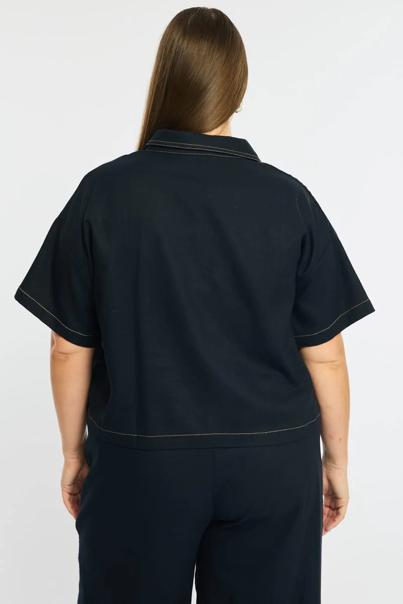 Blue Cropped Shirt Short Sleeve Contrast Stitch - Image 6