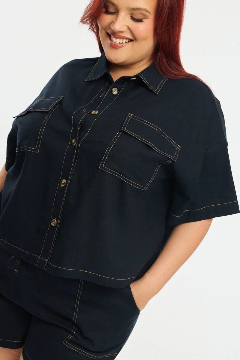Blue Cropped Shirt Short Sleeve Contrast Stitch - Image 6