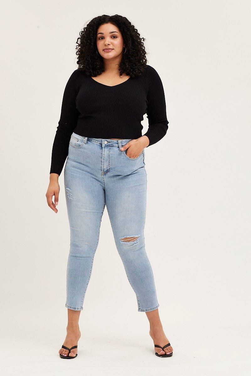 Blue Denim Jean High Rise One Slash Knee Skinny - Image 3