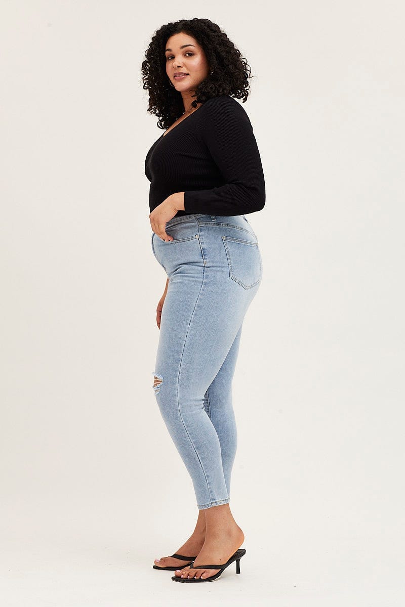 Blue Denim Jean High Rise One Slash Knee Skinny - Image 4