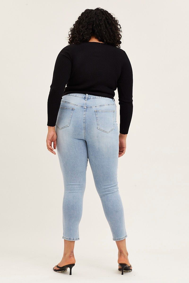 Blue Denim Jean High Rise One Slash Knee Skinny - Image 5